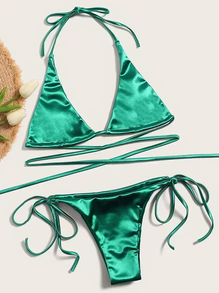 Metallic Satin Bikini Damen – Wrap Around Halter Zweiteiler